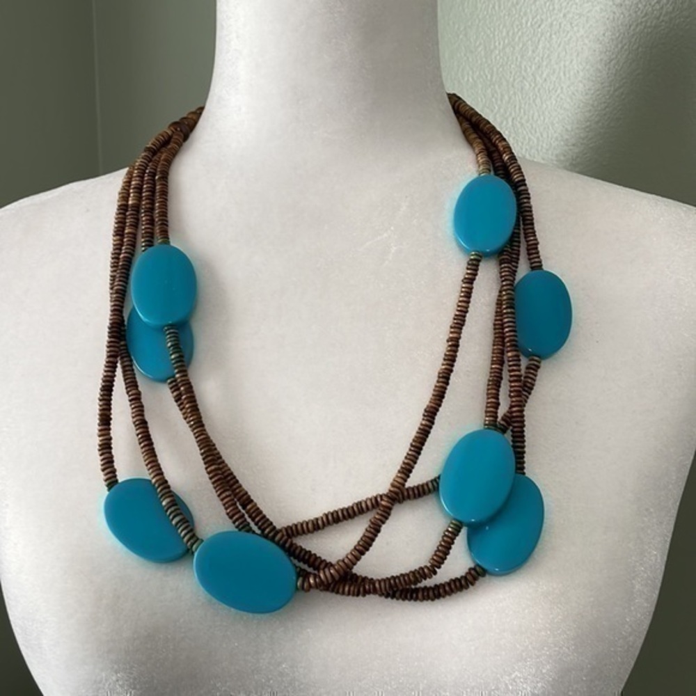 Multi layer Wooden and Plastic Teal Beaded 4-Strand Necklace 13” Length